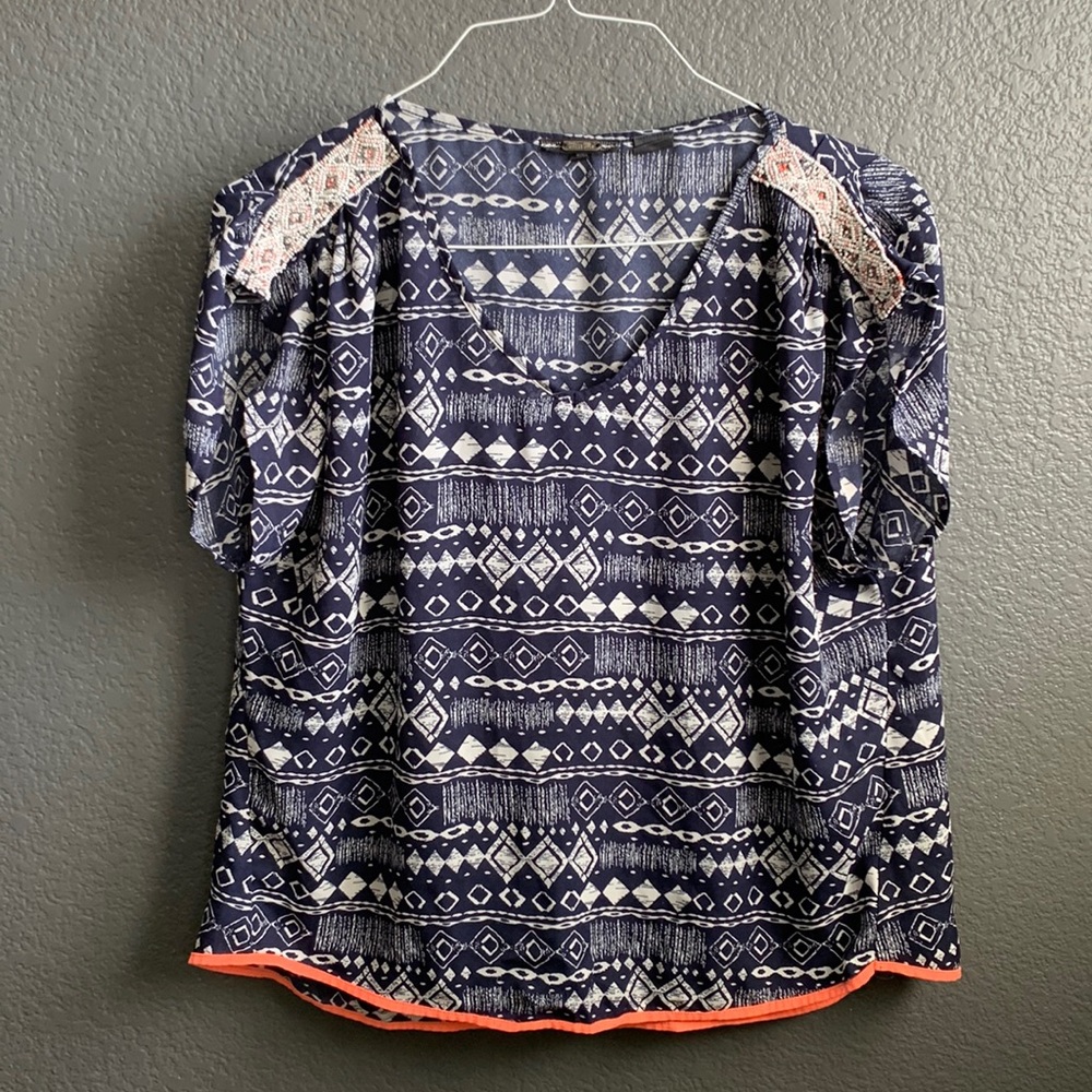 Miss Me Blue & White Printed Top with Beaded Shoulder Accents